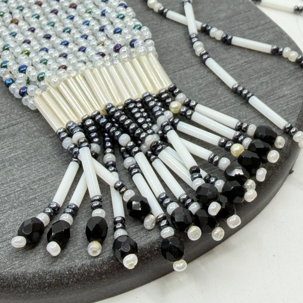 White Black Beaded Woven Fringe Pendant Necklace Boho Festival Statement Gift